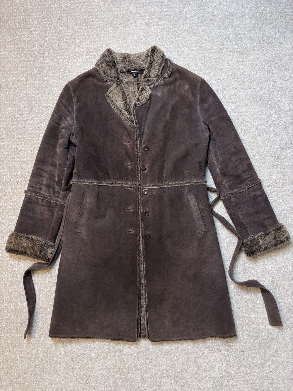 VTG Y2K Express Women's Brown Suede Leather Penny Lane Faux Fur Lined Coat M